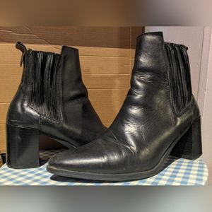 Zara Woman Chunky Heeled Black Leather Ankle Boots Size 39